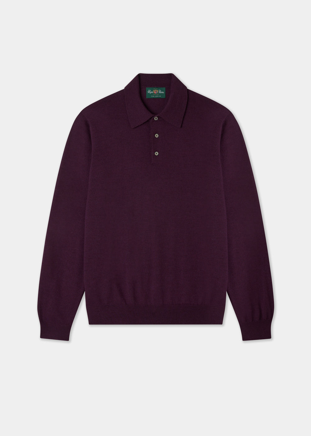 Hindhead Men’s Merino Wool Polo, Black Grape, regular fit, long-sleeve with three buttons, on white background.