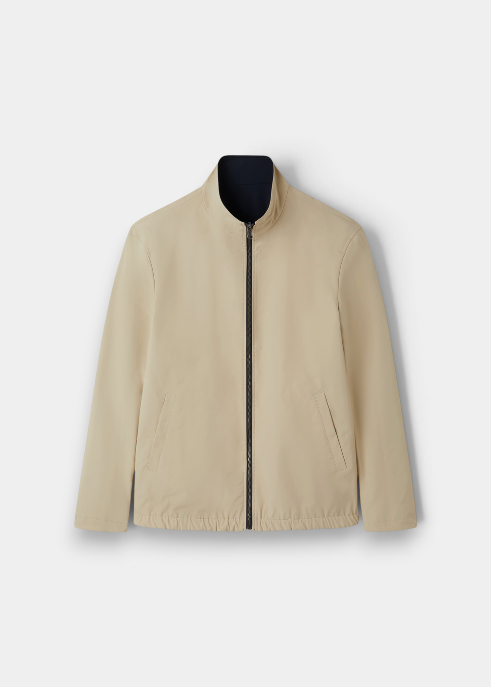 Lakeward Men’s Reversible Bomber Jacket in Navy & Beige, zip-up with stand collar, side pockets, shown on white background.