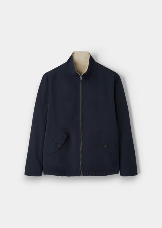 Lakeward Men’s Reversible Bomber Jacket in navy, water-resistant with stand collar and flap pockets on light background.