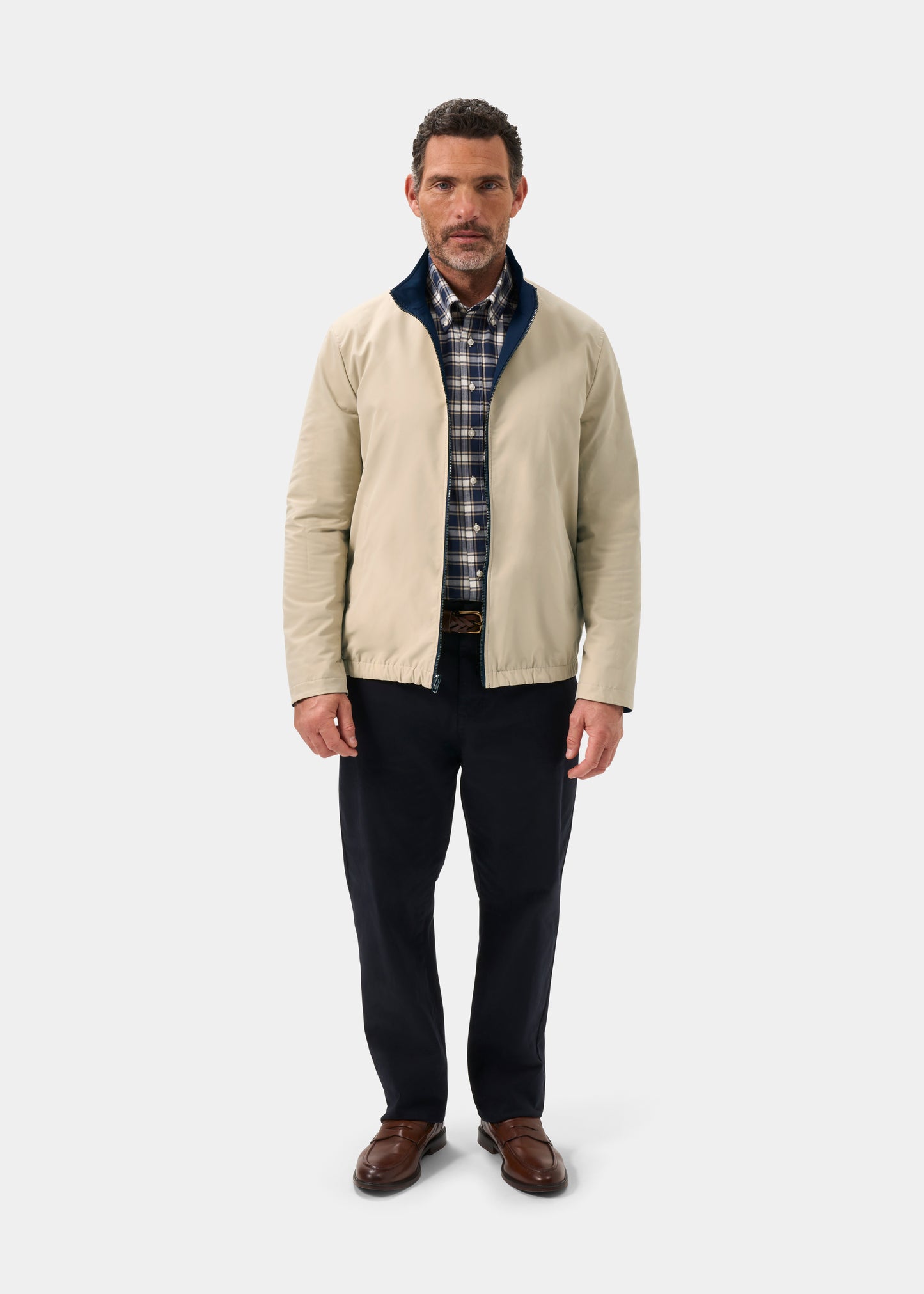 Men's Polyester Reversible Bomber Jacket in Beige & Navy