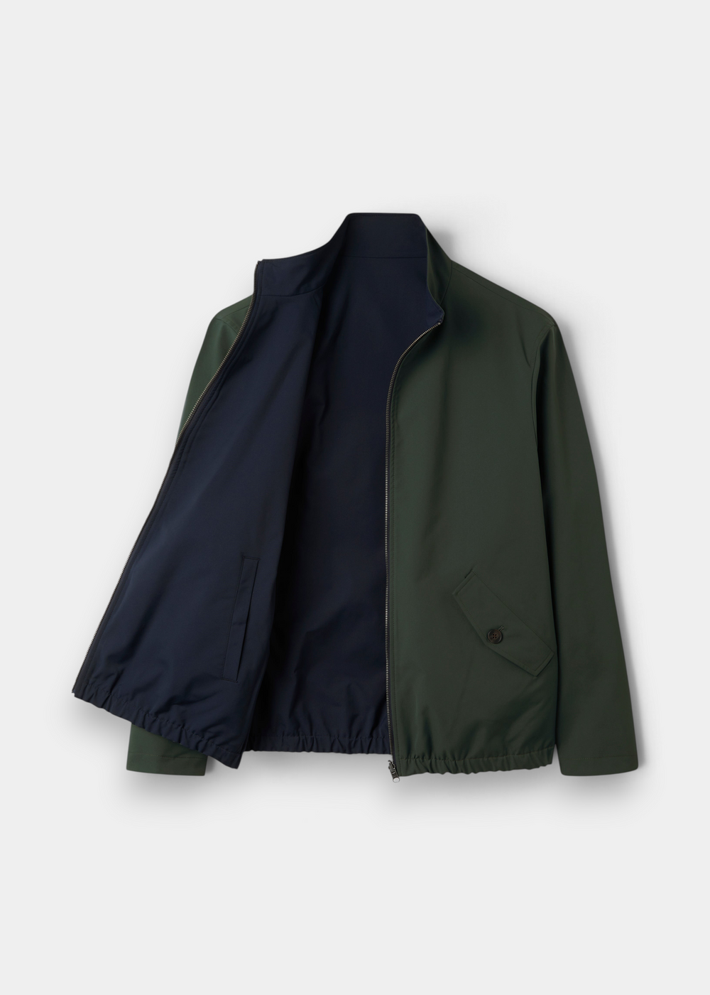 Lakeward Men’s Reversible Bomber Jacket in green/navy, buttoned pocket, dark lining, shown open on white background.