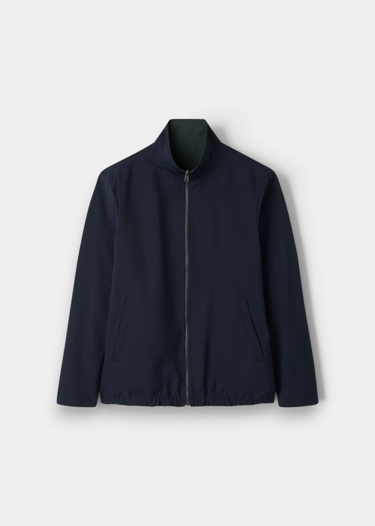 Lakeward Men’s Reversible Bomber Jacket in green/navy with stand collar, zip front, and slanted pockets on white background.