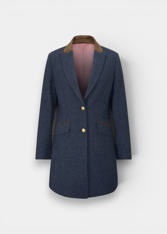 Surrey Ladies Tweed Water Repellent Mid-Thigh Coat in Blue  -  Regular Fit