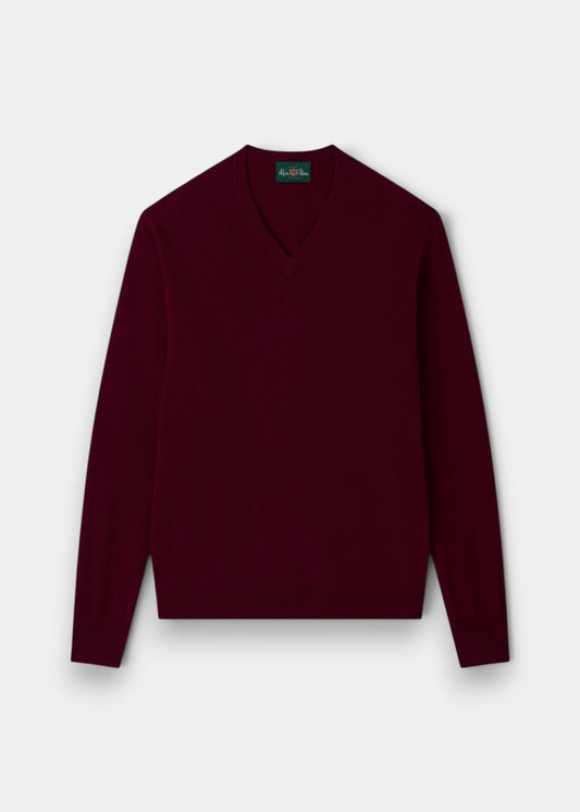 Alan Paine Albury regular fit v-neck jumper in claret red 100% Geelong lambswool with ribbed hem and cuffs