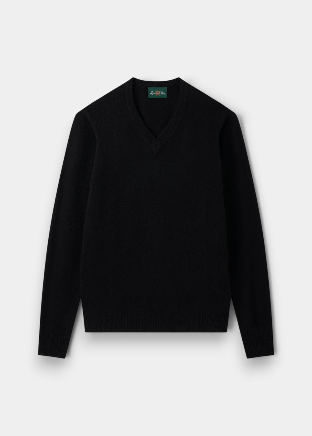 Alan Paine black V-neck jumper in soft lambswool with ribbed hem and cuffs and semi-saddle shoulder shaping.