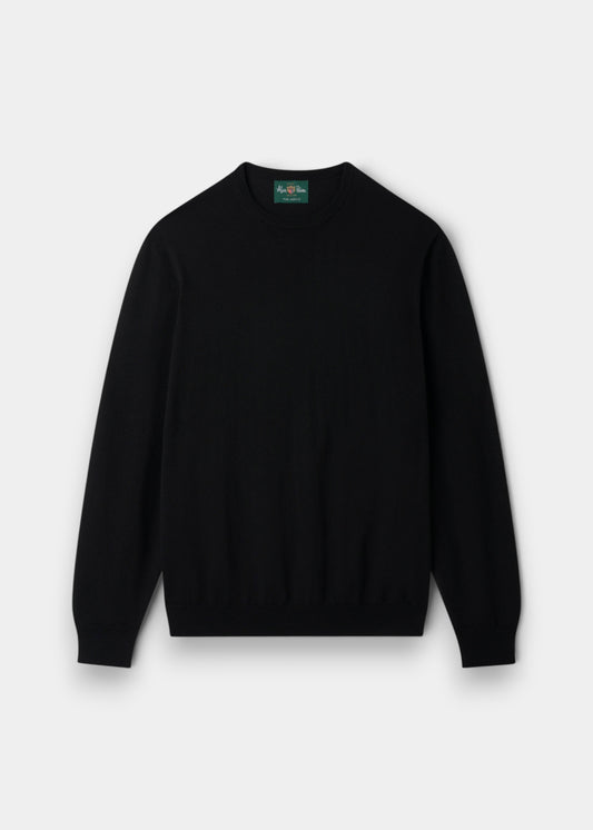 Alan Paine Radstone men's black crew neck jumper in soft 100% Italian merino wool with ribbed hem and cuffs.