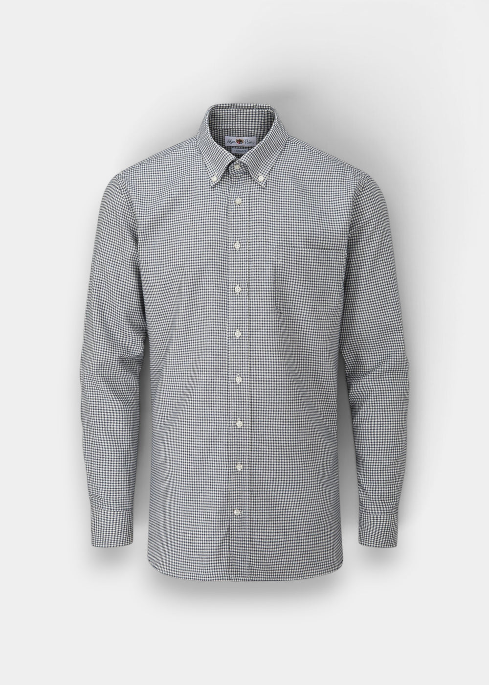 Alan Paine men's regular fit button-down shirt in blue and brown small check cotton fabric with a chest pocket.