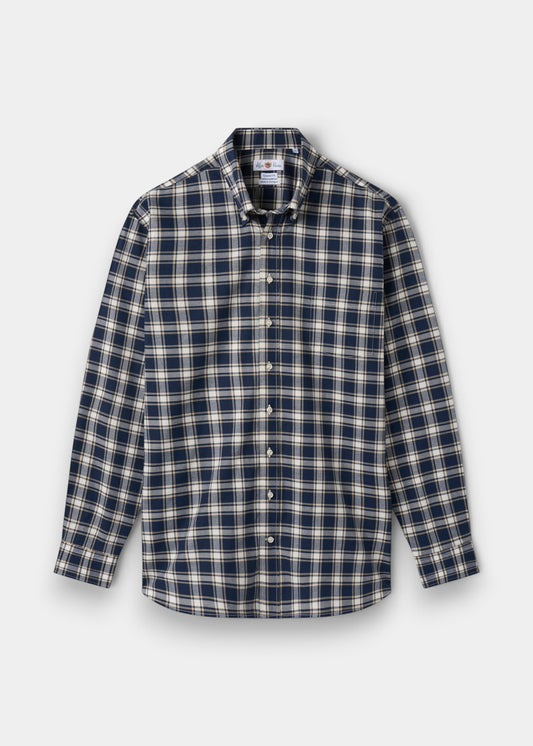 Alan Paine men's regular fit button-down shirt in a blue and cream check pattern made from breathable cotton.