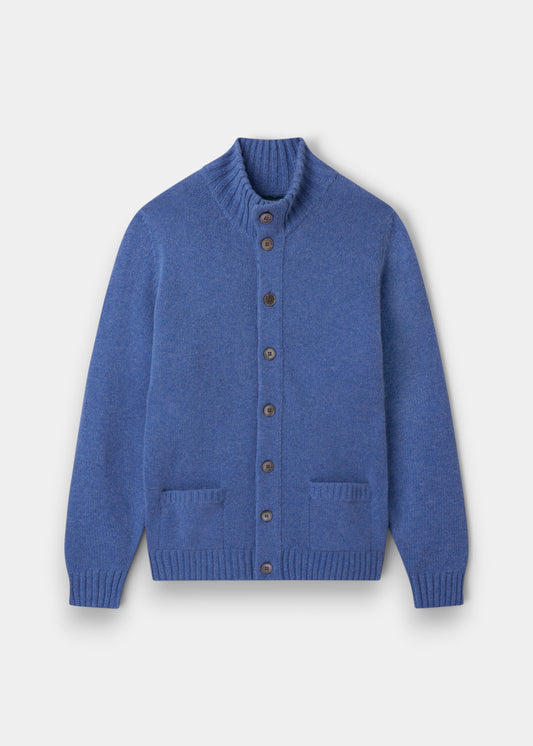 Alan Paine blue velvet lambswool buttoned cardigan with a ribbed mock neck, cuffs, hem, and two front pockets.