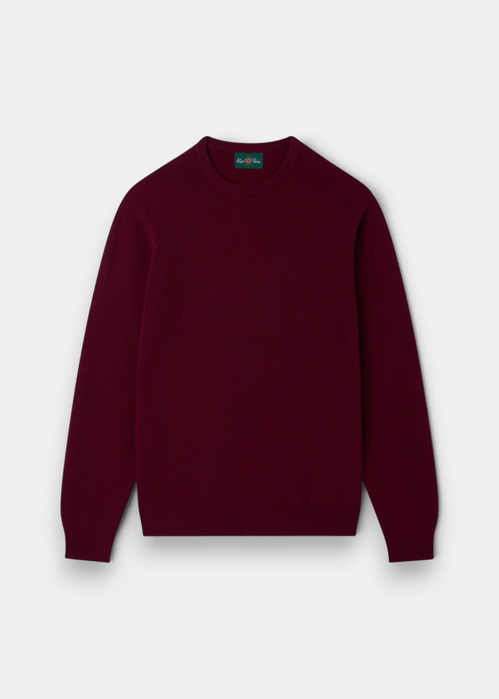 Alan Paine Lenzie men's bordeaux crew neck jumper in soft lambswool with ribbed cuffs and saddle shoulder detail.