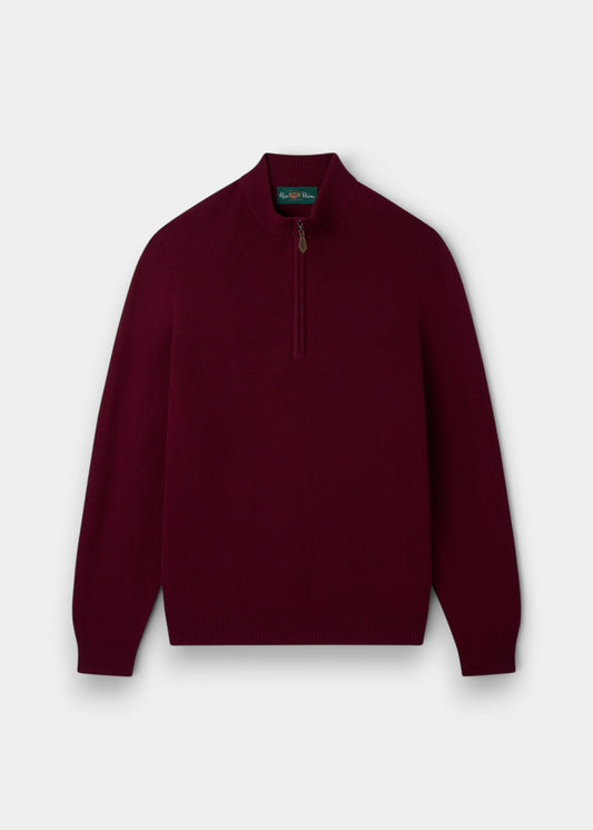 Alan Paine Sutherland lambswool quarter zip jumper in bordeaux red with a leather zip pull and ribbed cuffs.