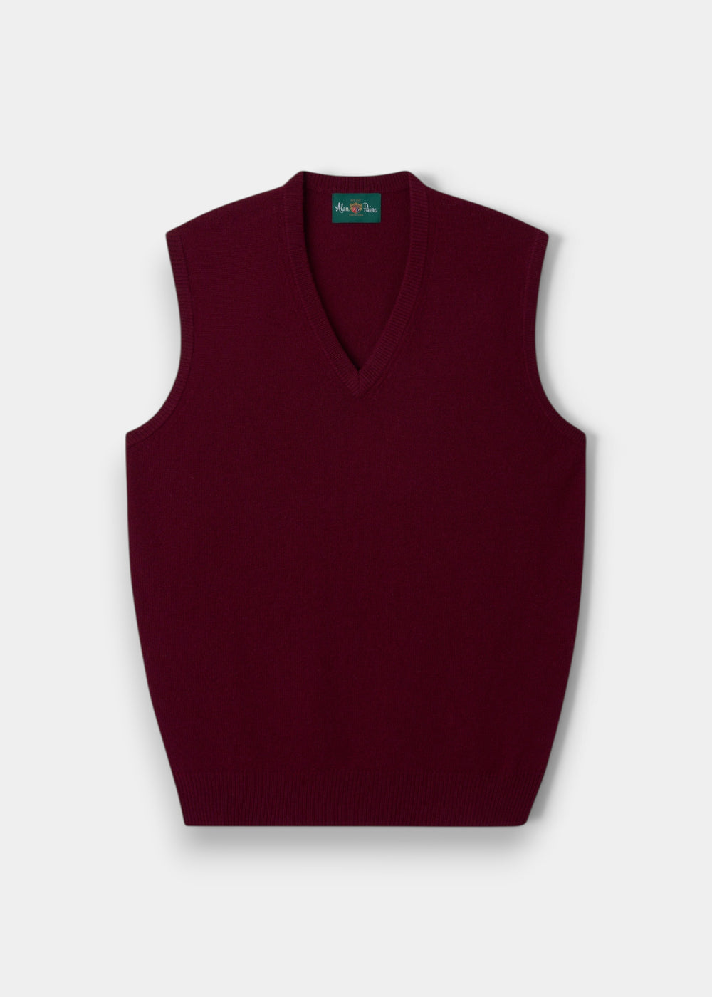 Alan Paine Norfolk men's bordeaux lambswool slipover with a classic fit, v-neck, and ribbed hem.