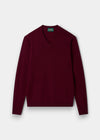 Alan Paine Kilsyth men's V-neck jumper in bordeaux lambswool with ribbed cuffs and hem in a regular fit