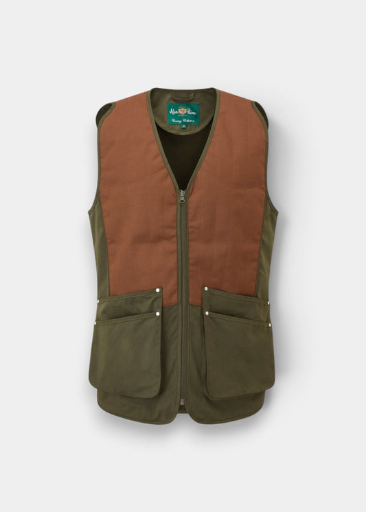 Alan Paine Bredon men's olive and brown shooting waistcoat with cartridge pockets and internal recoil pad slots.