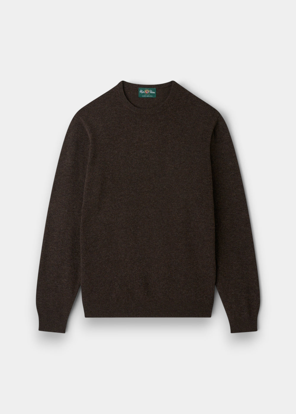 Alan Paine Brisbane crew neck jumper in cocoa brown, crafted from 100% Geelong lambswool with ribbed hem and cuffs.