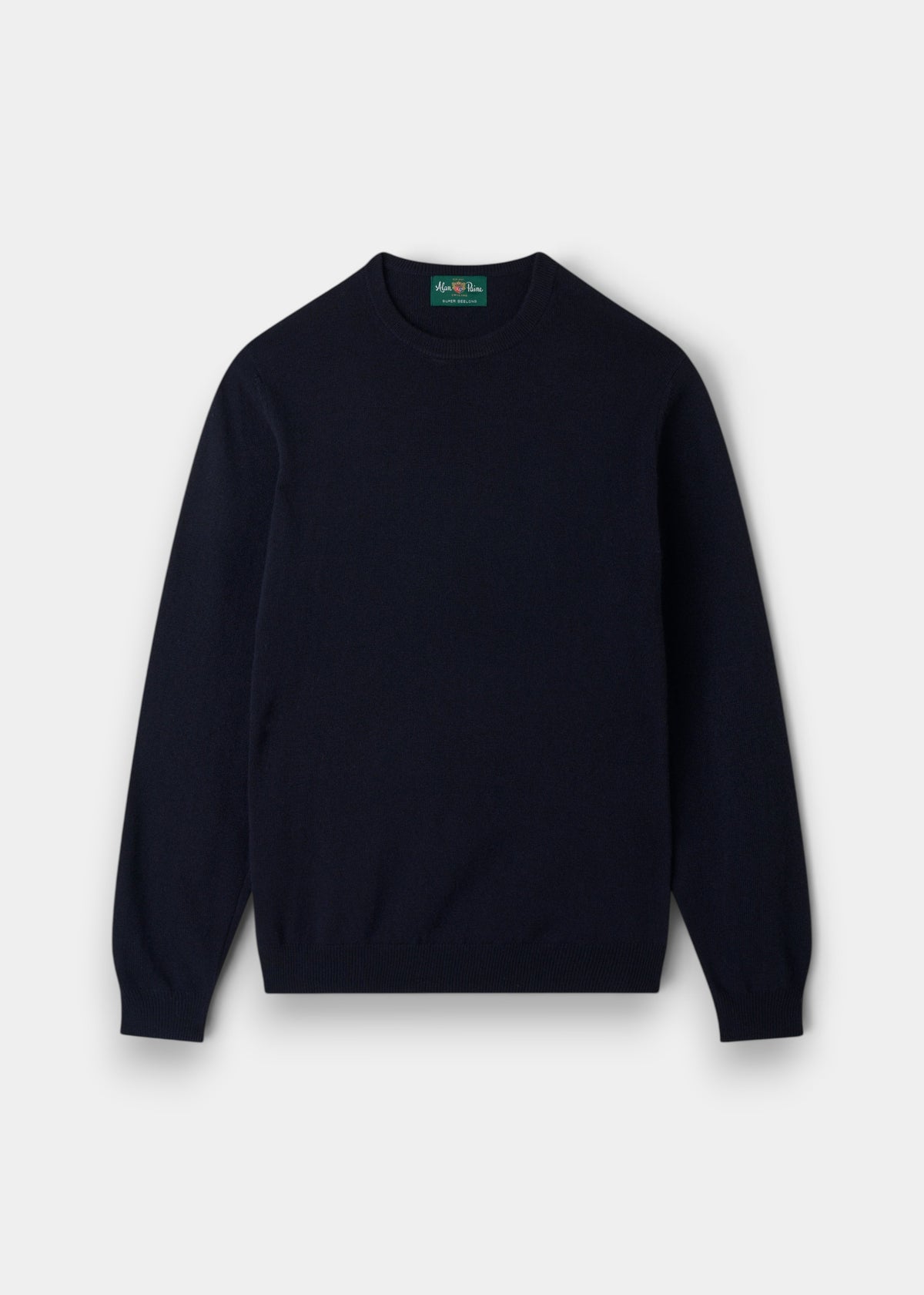 Alan Paine Brisbane crew neck jumper in dark navy Geelong lambswool with ribbed cuffs and hem.