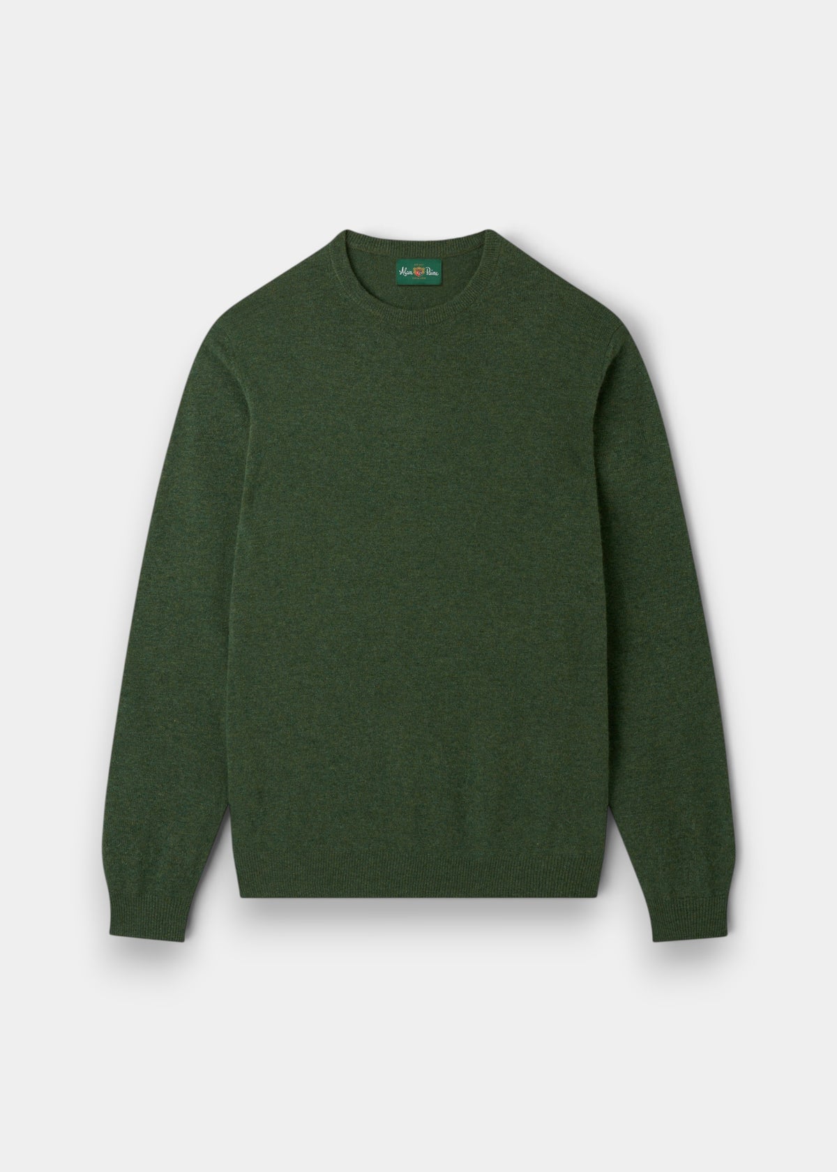 Alan Paine Brisbane rosemary green crew neck jumper in pure Geelong lambswool with ribbed cuffs and hem.