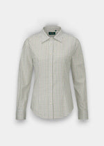 Alan Paine Bromford ladies long-length cotton shirt in olive check pattern with a classic collar and button front
