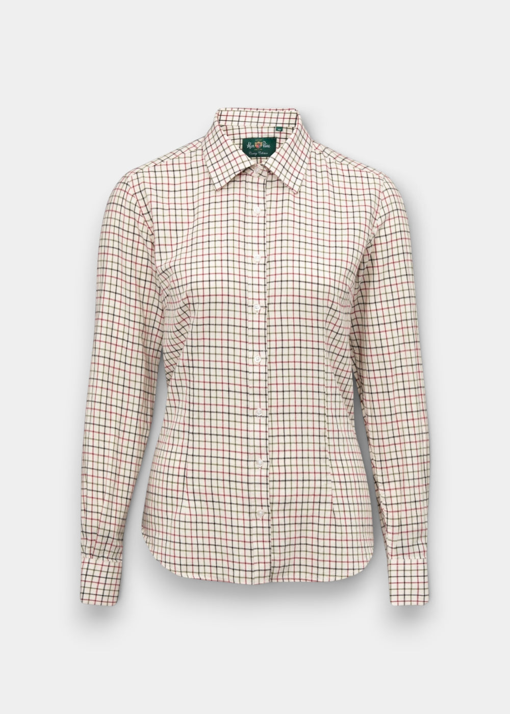 Alan Paine Bromford ladies long-length cotton shirt in a red and black check pattern with a classic collar.