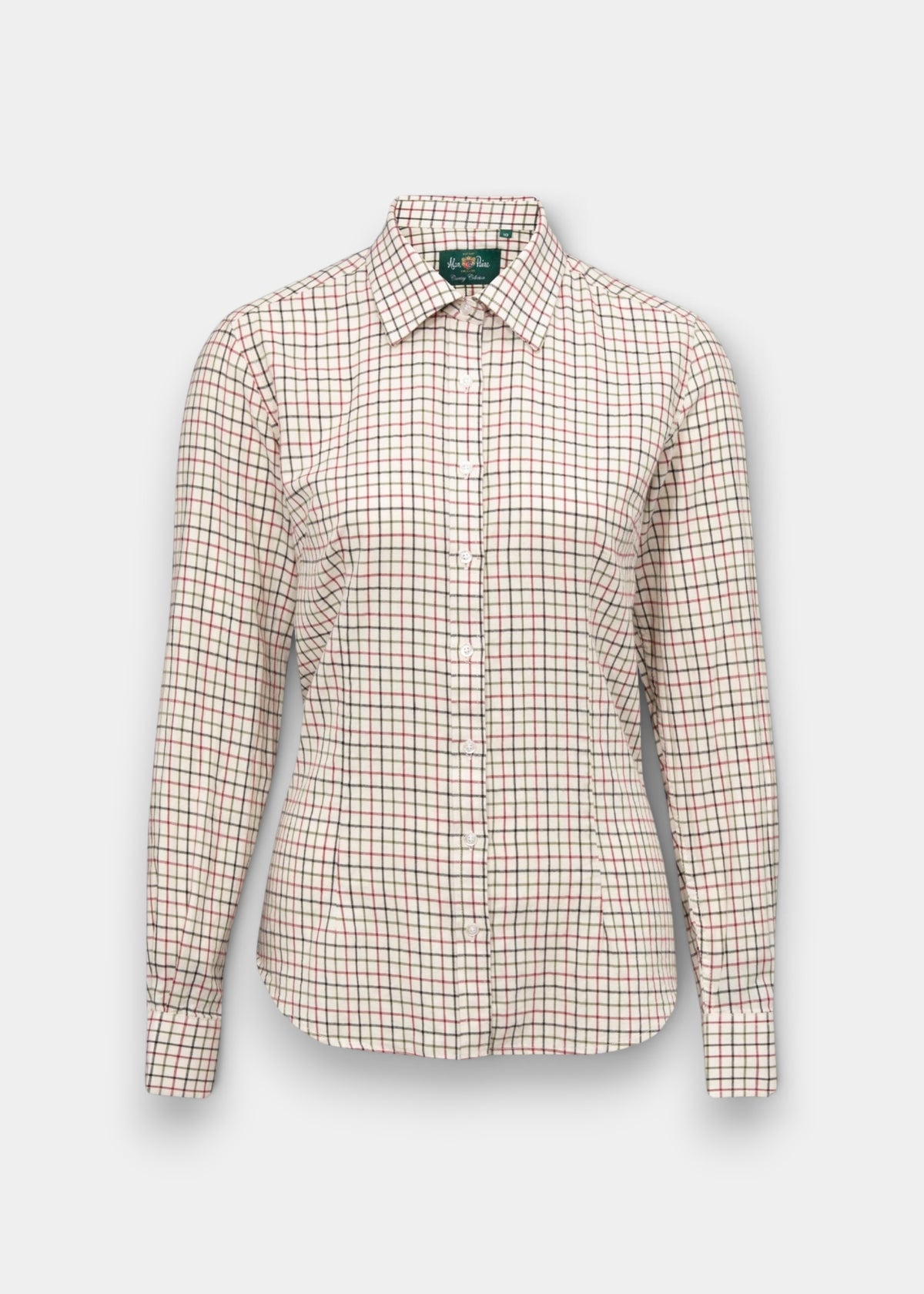 Alan Paine Bromford ladies long-length cotton shirt in a red and black check pattern with a classic collar.