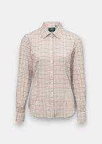 Alan Paine Bromford ladies long-length cotton shirt in a red and black check pattern with a classic collar.