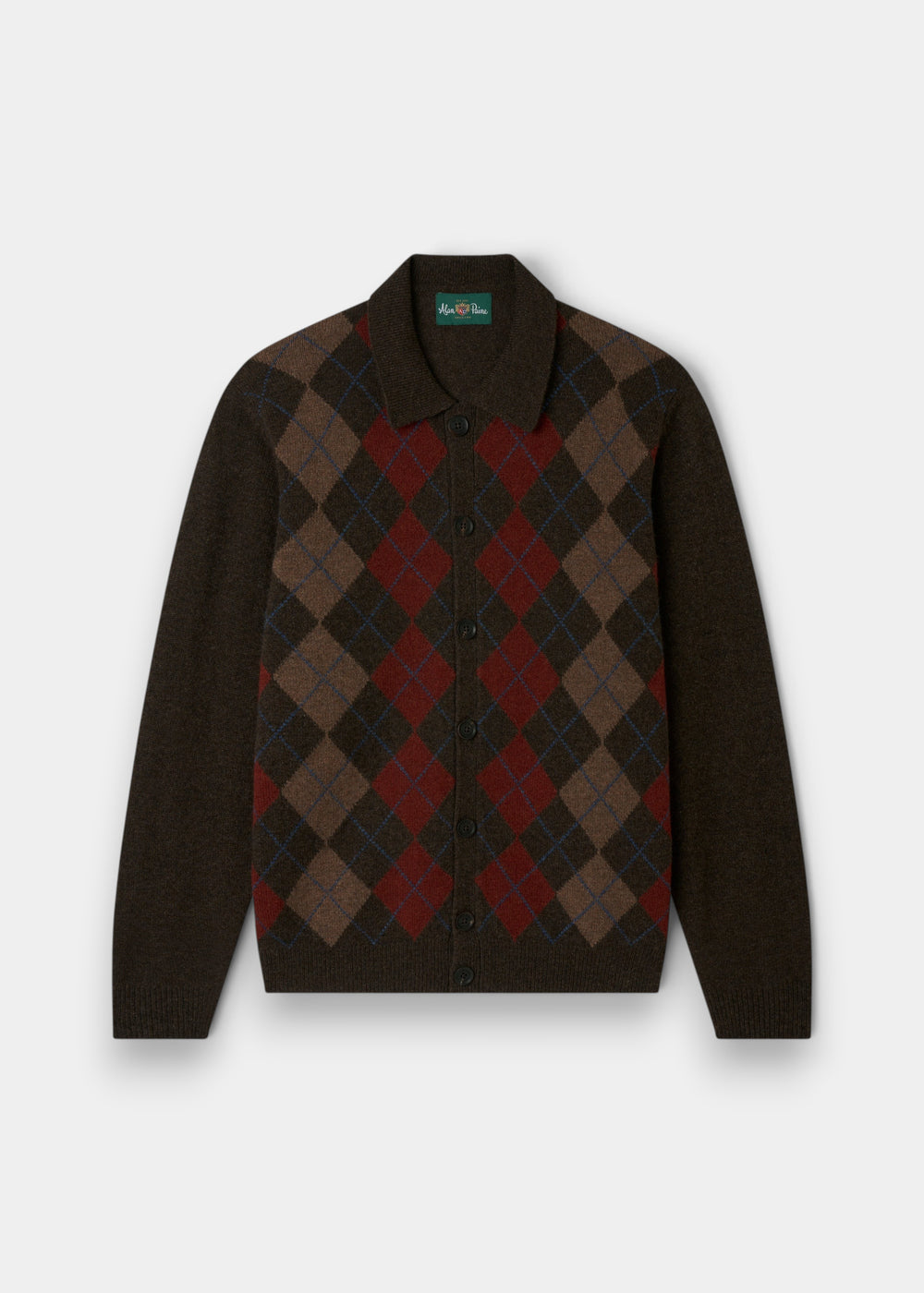 Alan Paine Buckton men's cocoa lambswool cardigan featuring a classic argyle pattern, button front, and ribbed trim.