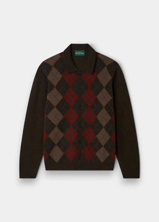 Alan Paine Buckton men's cocoa lambswool cardigan featuring a classic argyle pattern, button front, and ribbed trim.