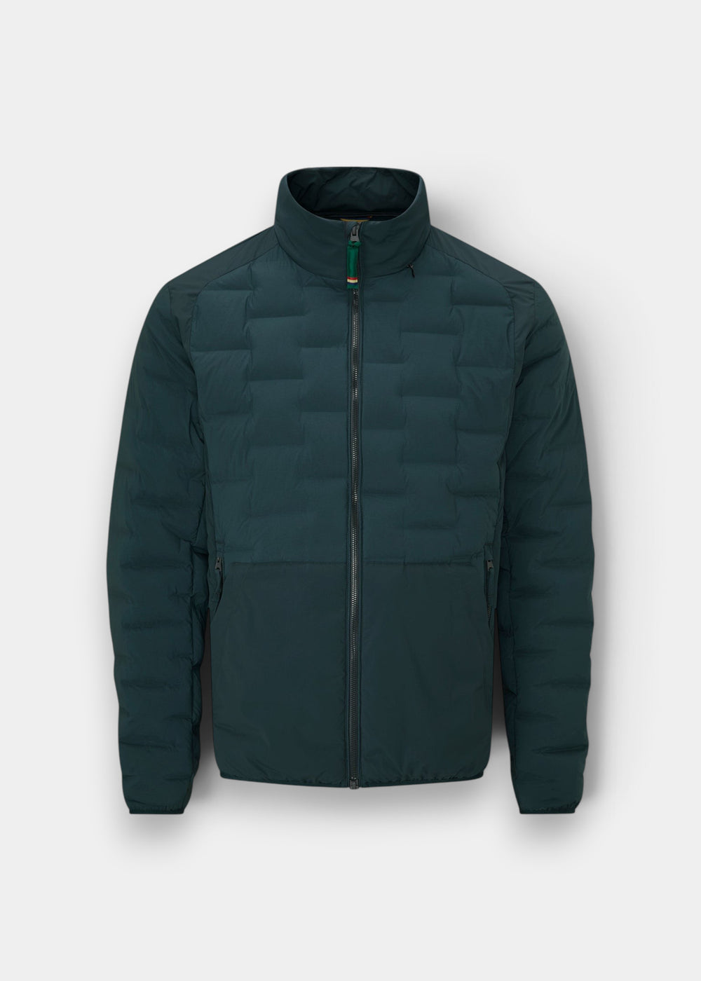 Calsall Men’s Hybrid Jacket in navy, regular fit, with front zipper and zippered side pockets on white background.