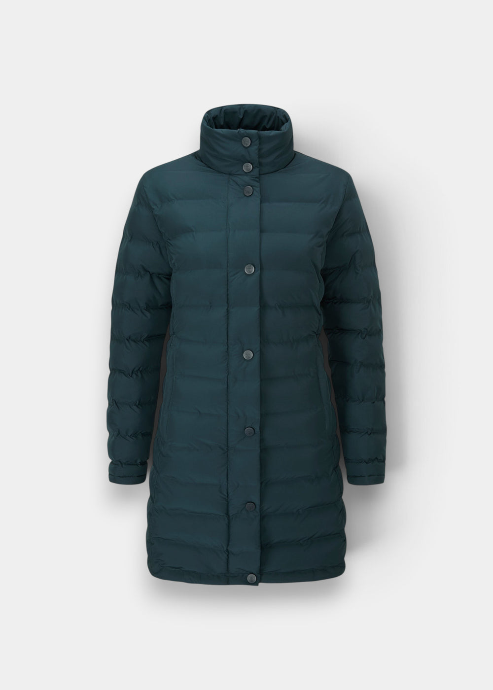 Calsall Ladies Coat in Navy—regular fit, high collar, button closure, water repellent; shown on white background.