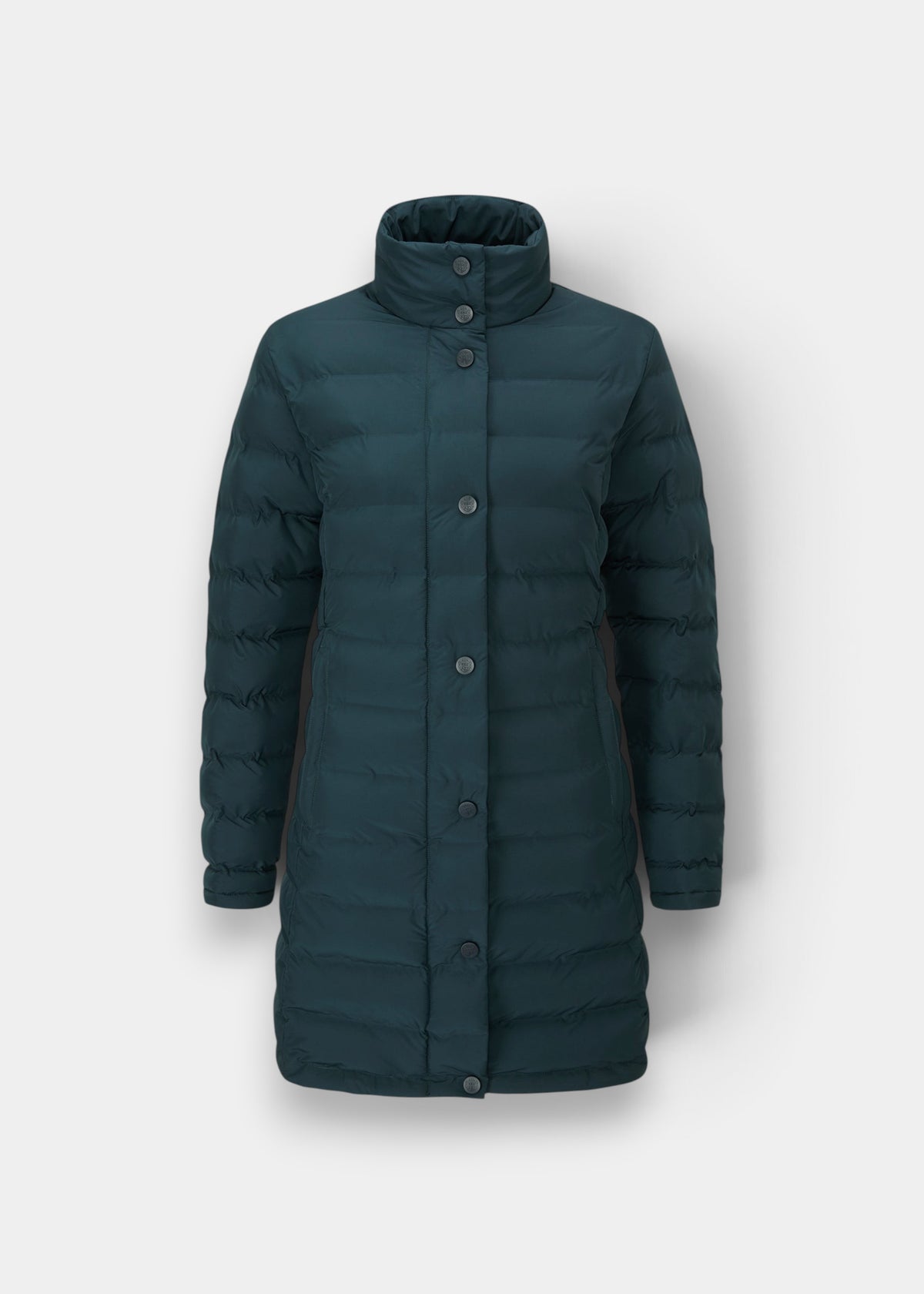 Calsall Ladies Coat in Navy—regular fit, high collar, button closure, water repellent; shown on white background.