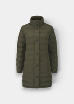 Calsall Ladies Coat in Olive: Regular fit, puffer, snap buttons, high collar, knee-length, water repellent.