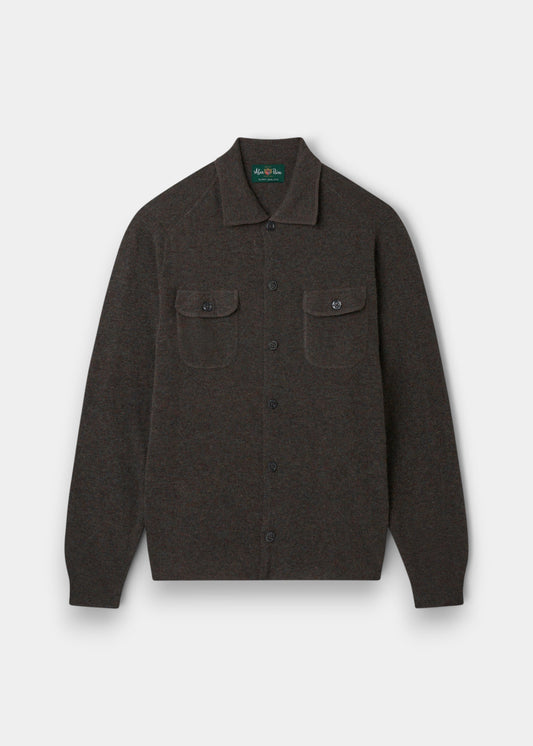 Alan Paine Tore men's button-through shirt in cask brown Geelong wool with two chest pockets and a soft collar.