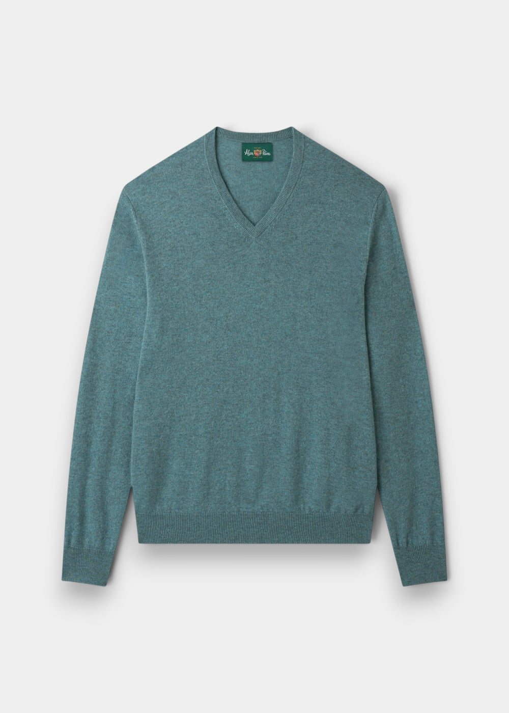 Alan Paine Haddington cashmere v-neck jumper in caspian blue with ribbed hem and cuffs in a regular fit