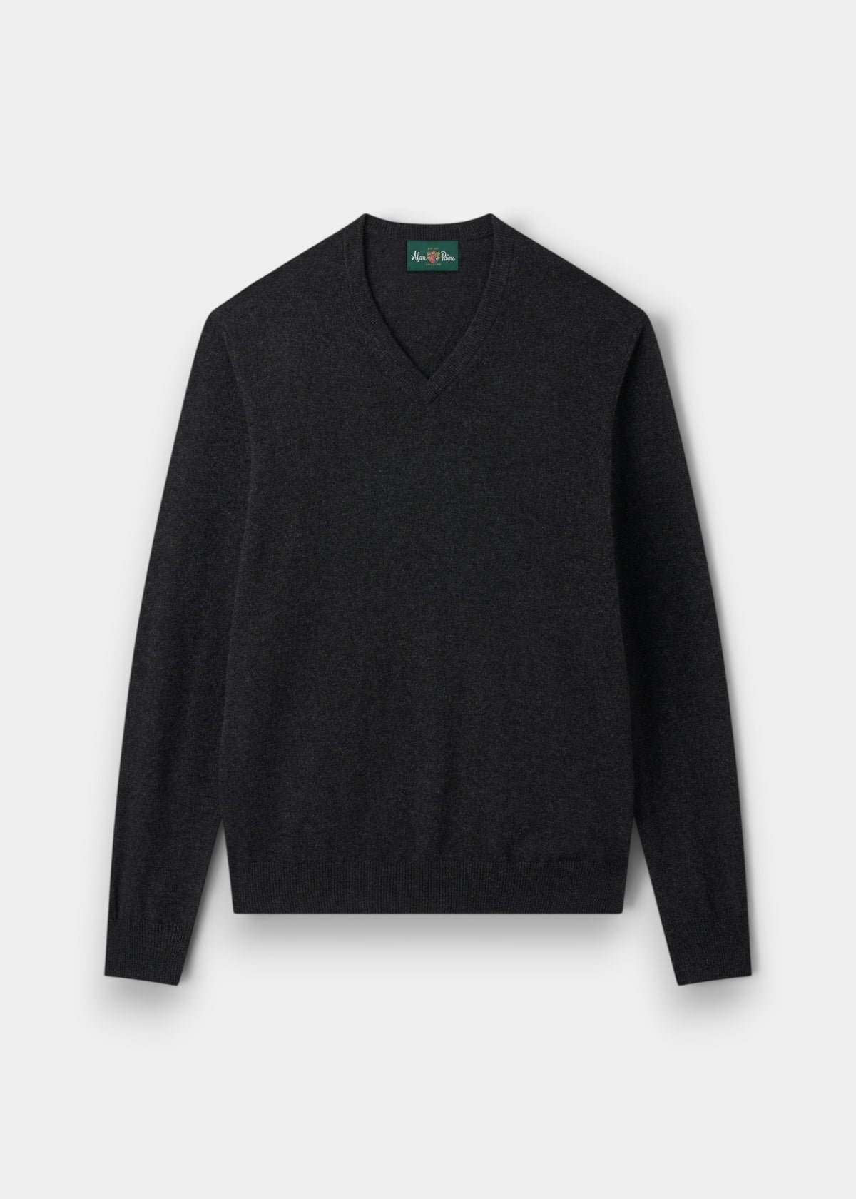 Alan Paine Haddington charcoal grey v-neck cashmere jumper with ribbed hem and cuffs in a regular fit