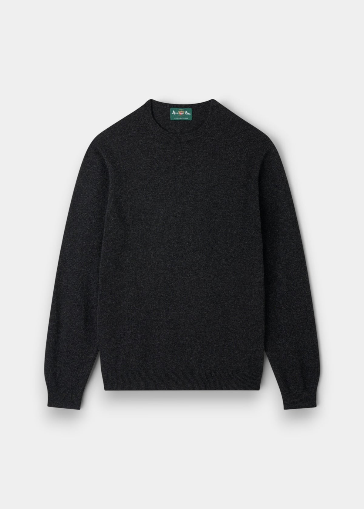Alan Paine charcoal crew neck jumper in lightweight Geelong wool with ribbed hem and cuffs in a regular fit.