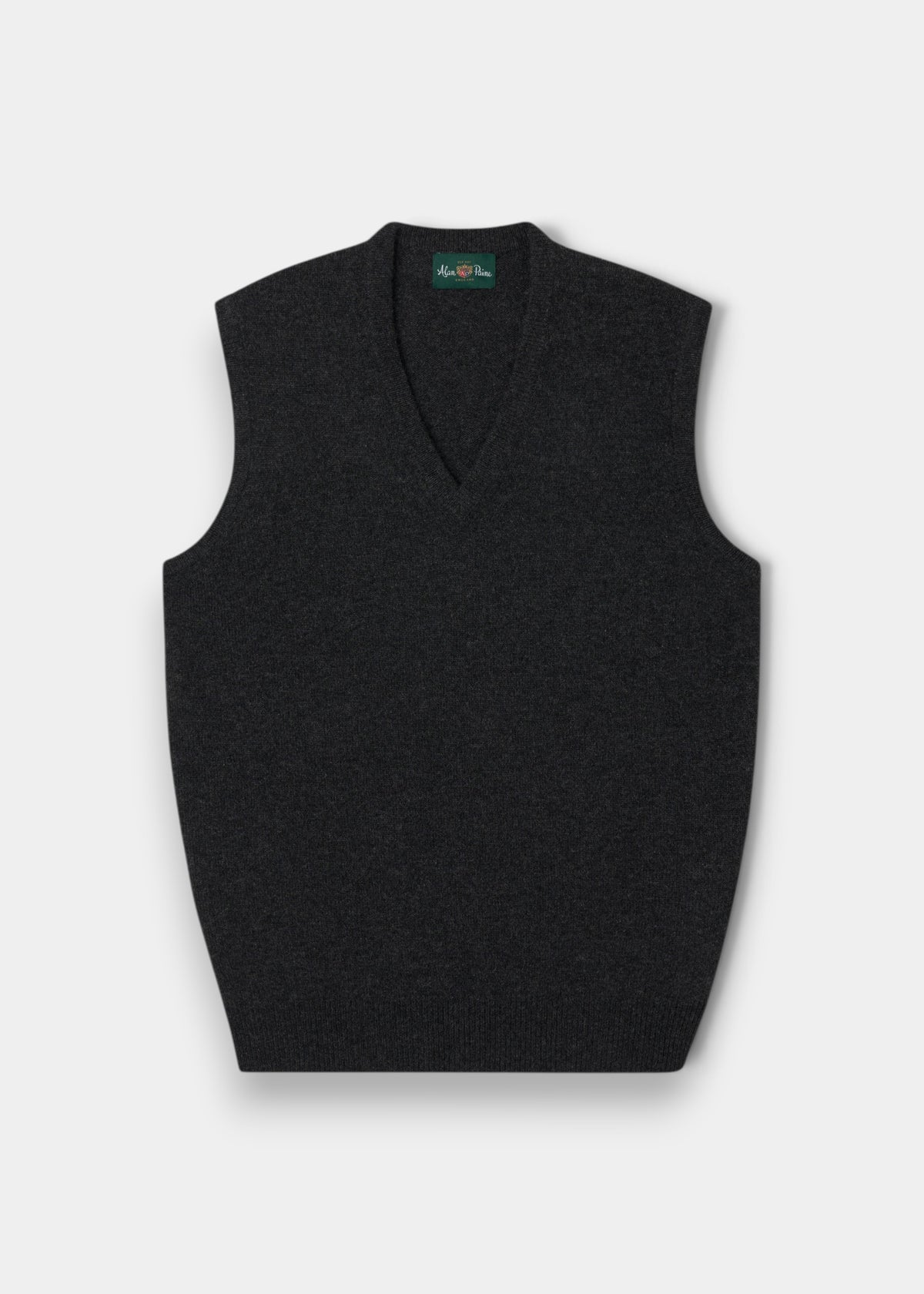 Alan Paine charcoal lambswool V-neck slipover with a classic fit, ribbed hem, and traditional saddle shoulder.