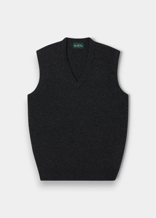 Alan Paine charcoal lambswool V-neck slipover with a classic fit, ribbed hem, and traditional saddle shoulder.