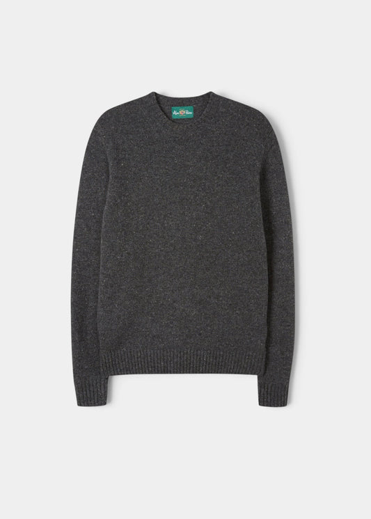 Alan Paine Kinnadie charcoal grey crew neck jumper in supersoft Shetland and lambswool blend with ribbed cuffs