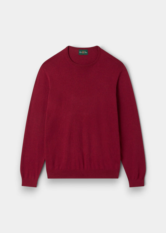 Alan Paine men's luxury claret crew neck jumper in a soft pima cotton, silk, and cashmere blend with ribbed trim.