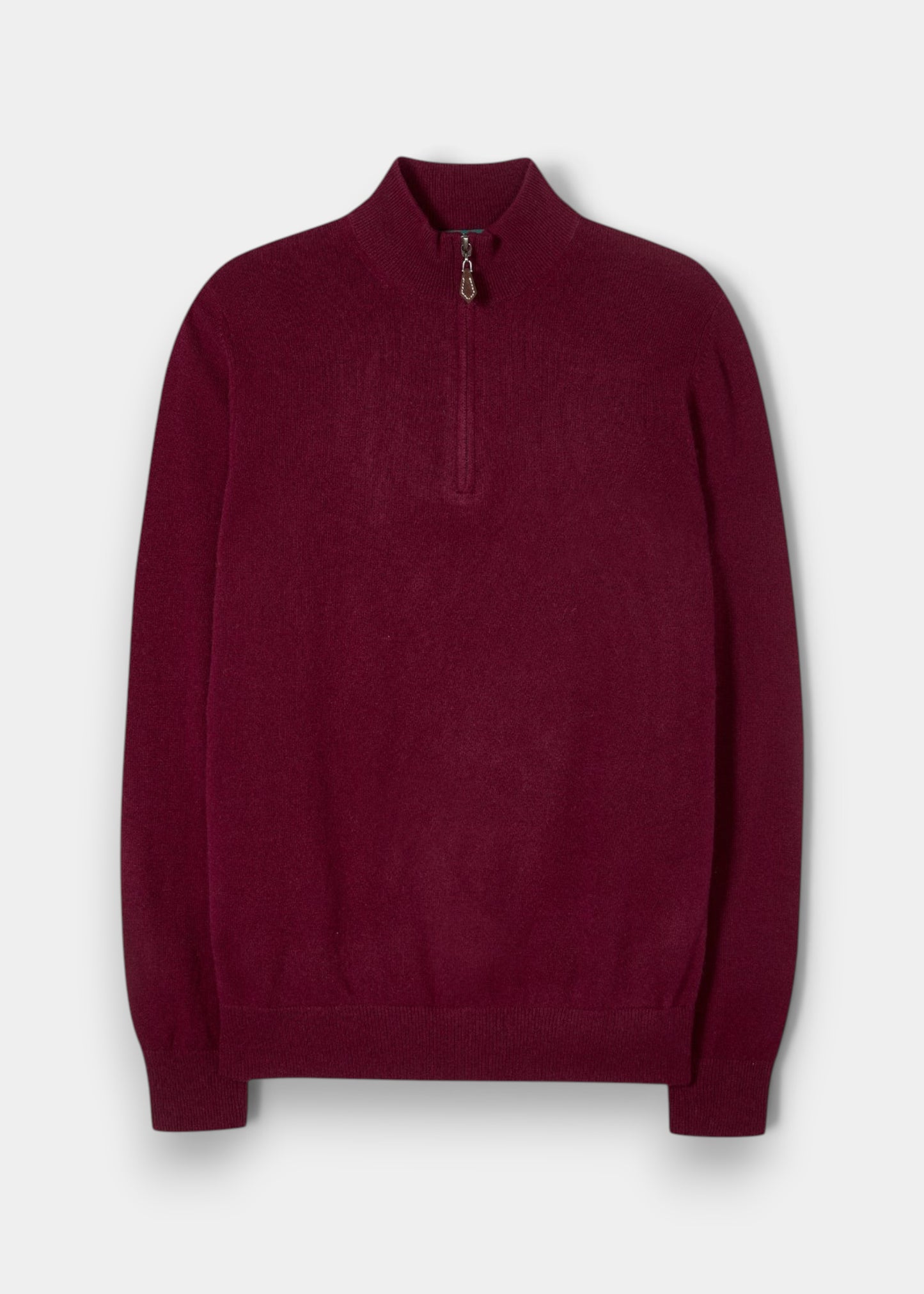 Alan Paine claret red Geelong wool 1/4 zip jumper with a mock neck, ribbed cuffs, and hem in a regular fit.