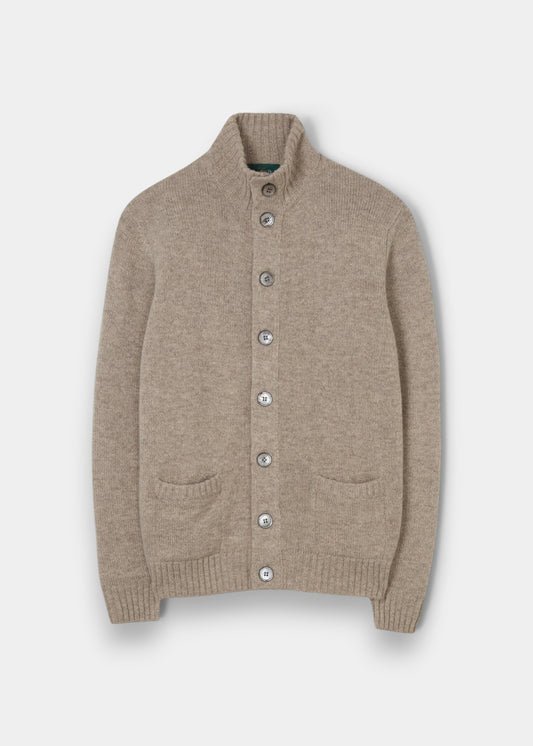 Alan Paine Landford men's cobble beige lambswool buttoned cardigan with a ribbed mock neck and front pockets.