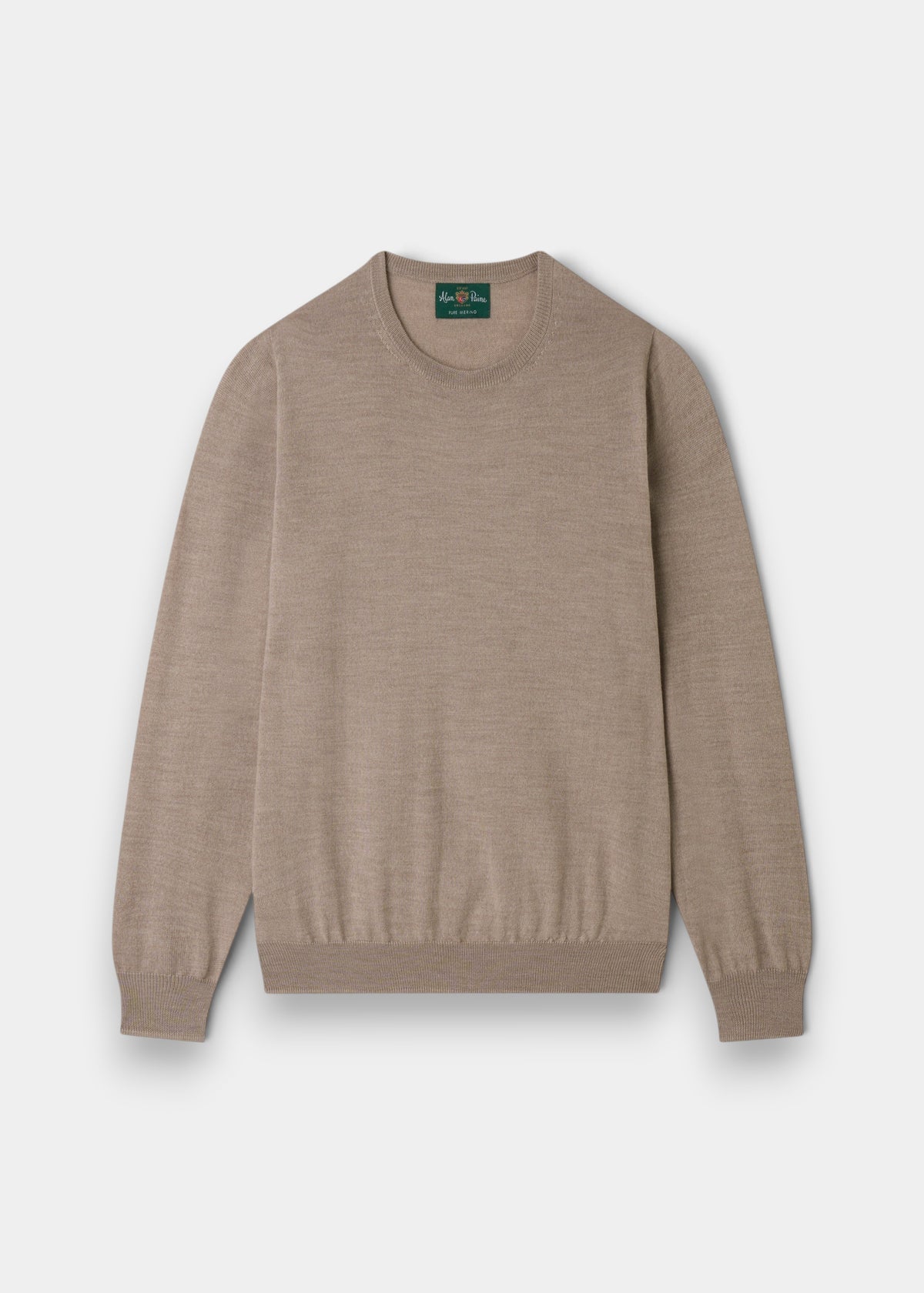 Alan Paine Radstone men's crew neck jumper in cobble beige, crafted from 100% fine Italian merino wool.