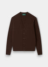 Kinloch Supersoft Shetland Wool V-Neck Cardigan in Coffee, button-up, long-sleeve, laid flat on light gray background.