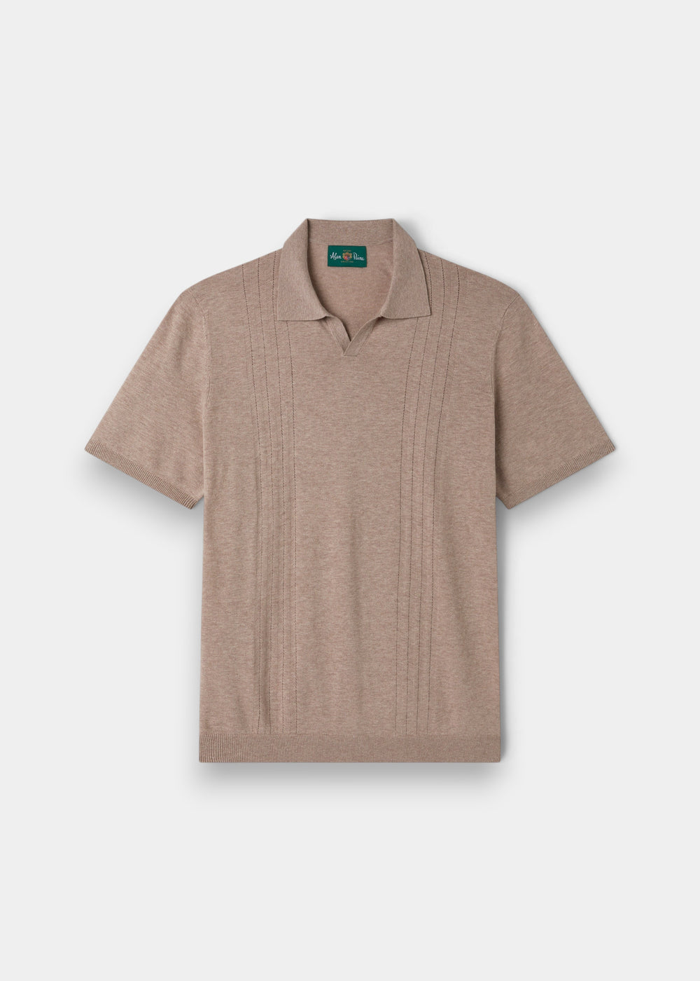 Alan Paine coffee brown short sleeve polo shirt in a wool, linen, and silk blend with an open collar design.