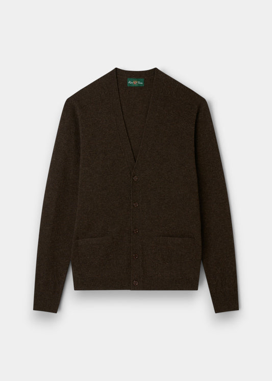 Alan Paine Cornwall classic fit V-neck cardigan in cocoa brown lambswool with five buttons and two jetted pockets.