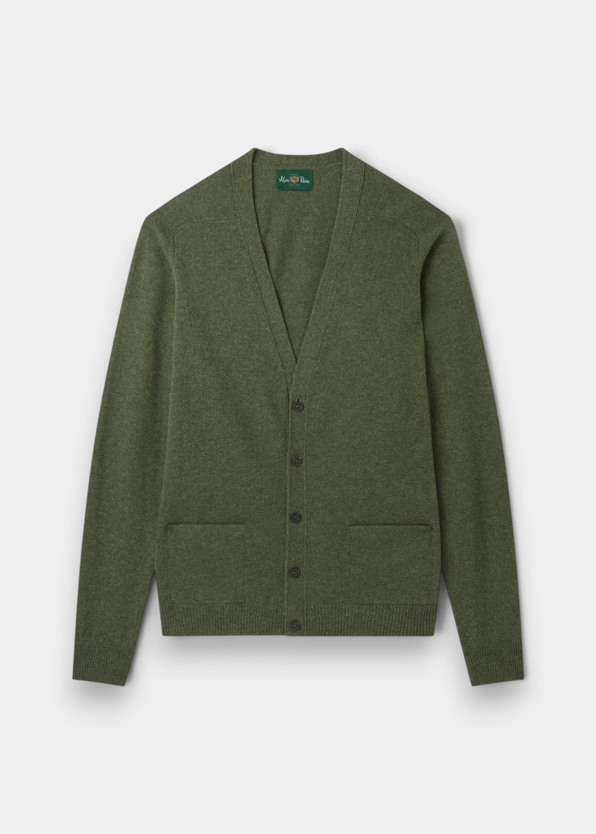 Alan Paine Cornwall lambswool cardigan in landscape green with a V-neck, five-button front, and two jetted pockets.
