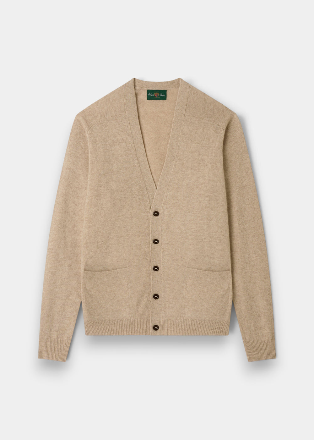 Cornwall Lambswool V-Neck Cardigan in Linen, classic fit, with front pockets, ribbed cuffs and hem on white background.