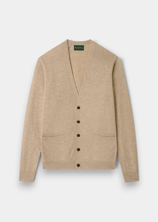 Alan Paine Cornwall lambswool cardigan in linen beige with a classic fit, v-neck, and five-button front closure.