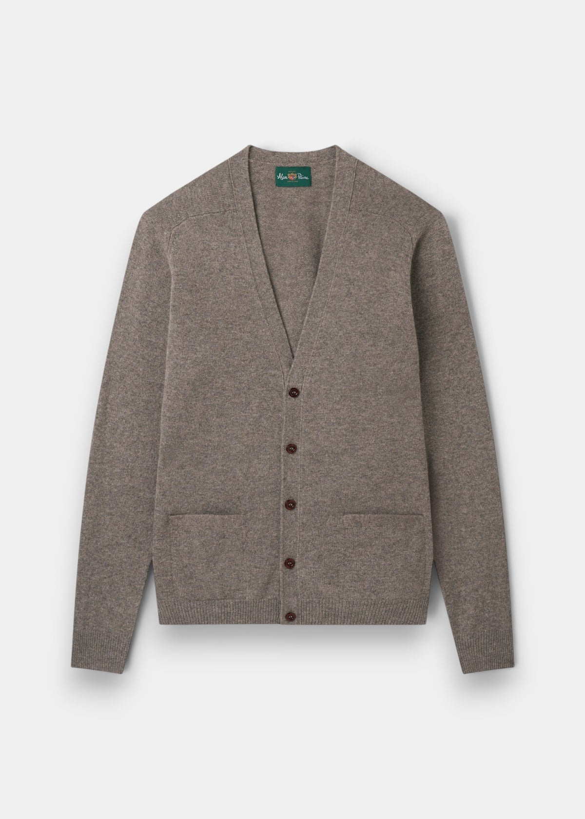 Alan Paine Cornwall lambswool cardigan in vole brown with a classic fit, v-neck, five buttons, and two jetted pockets.