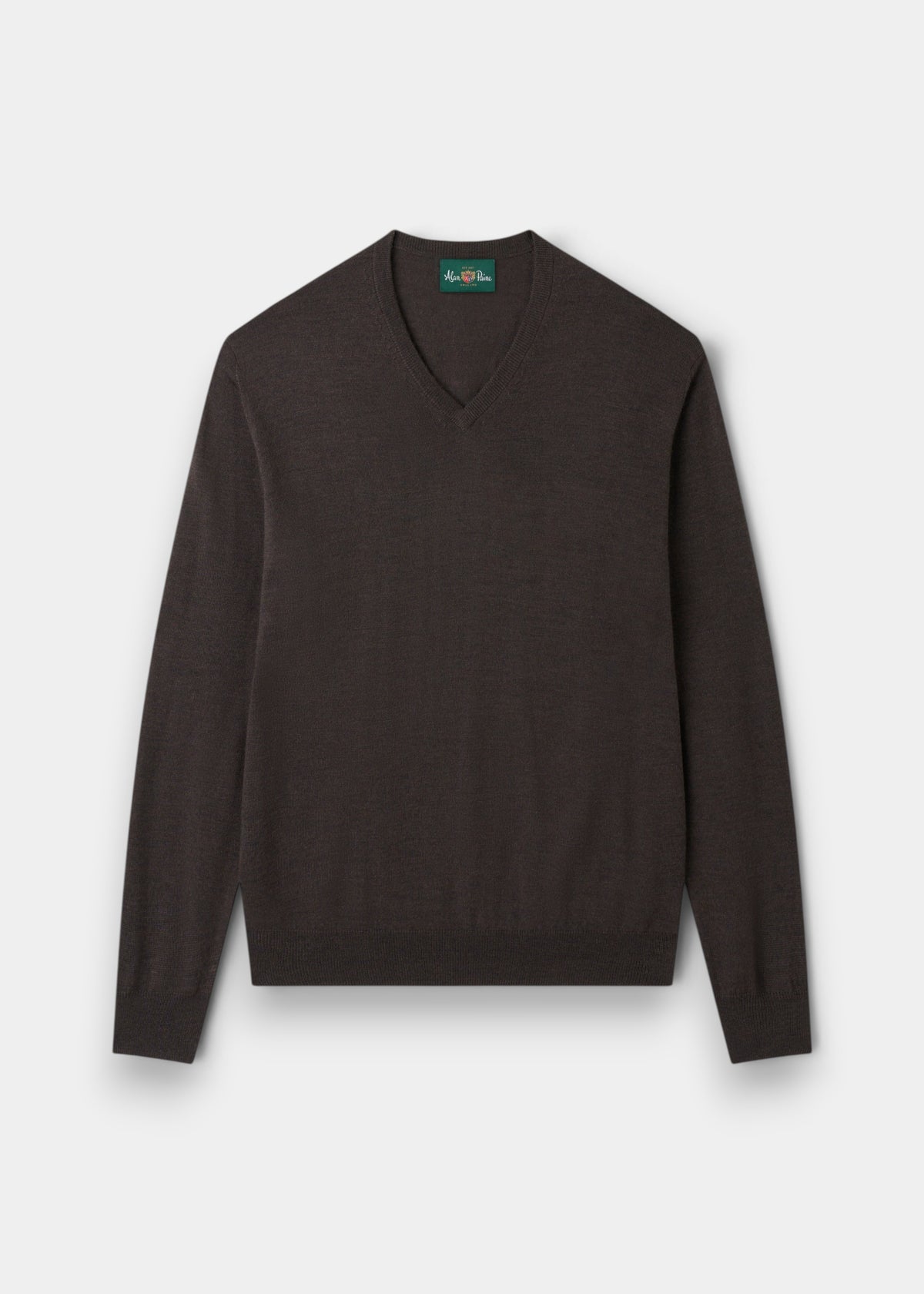 Alan Paine Millbreck dark brown v-neck jumper in 100% fine Italian merino wool with ribbed hem and cuffs.